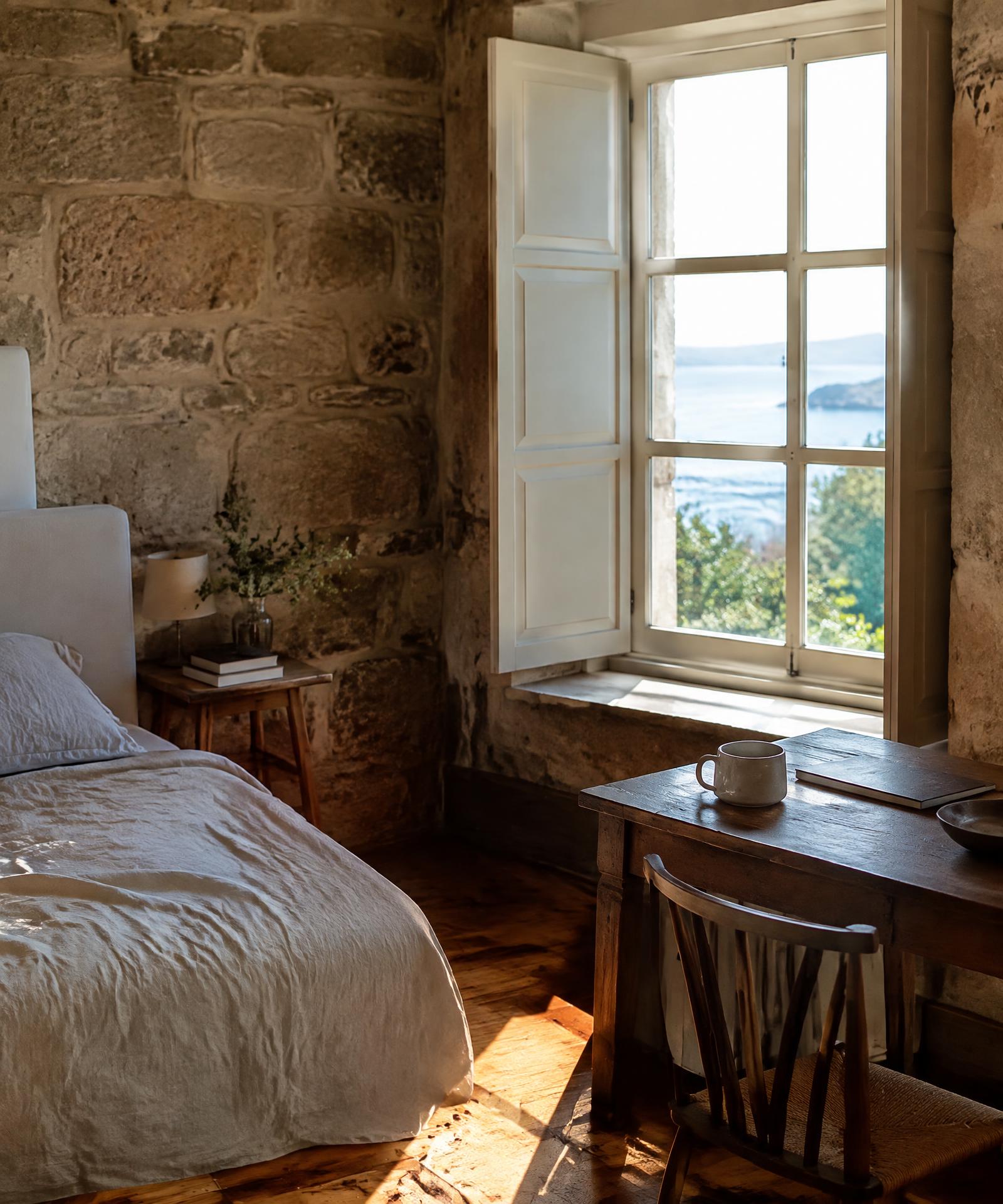 Dormitorio con muro de piedra y ventana abierta a la ría